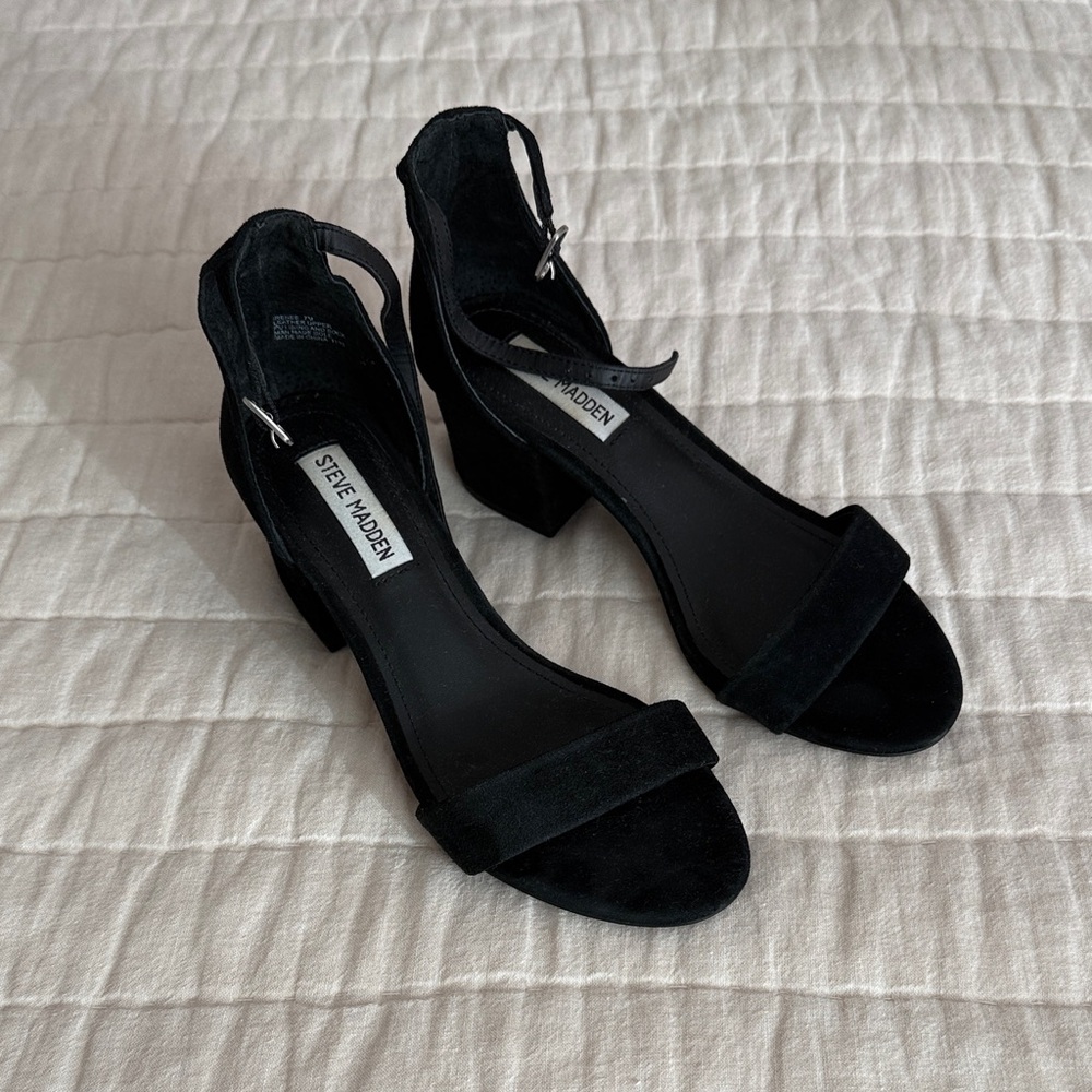 Steve Madden Black Suede Open-Toe Block Heels with Ankle Strap